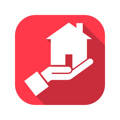 Hand with house vector red icon in modern flat style isolated. Hand with house can support is good for your web design.