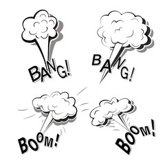 Monochrome set of flat cartoon doodles with four powerful big explosions isolated on a white background with lettering Bang, Boom.