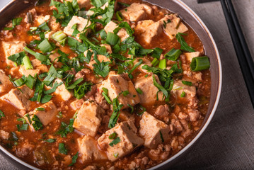 Traditional Chinese dish tofu with minced meat and tofu cheese in a bowl on a linen rustic napkin, close-up