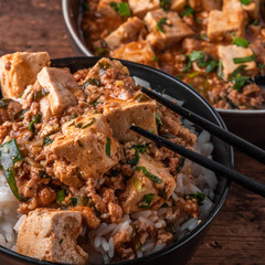 Popular Chinese Sichuan dish - a bowl of rice with mapo doufu on a rustic wooden table, top view, close-up