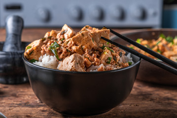 Popular Chinese Sichuan dish - a bowl of rice with spicy mapo tofu and a plate of mapo doufu on a rustic wooden table