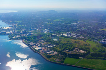 Obraz premium Aerial view from airplane window over Edinburgh , Scotland , United Kingdom