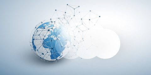 Fototapeta na wymiar Cloud Computing Design Concept - Digital Connections, Technology Background with Earth Globe, World Map and Geometric Network Mesh 