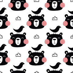 Bears seamless pattern in nordic style. Hand drawn vector illustration.