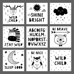 Set of cute black and white cards in nordic style. Hand drawn vector illustration..
