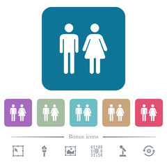 Male and female sign flat icons on color rounded square backgrounds