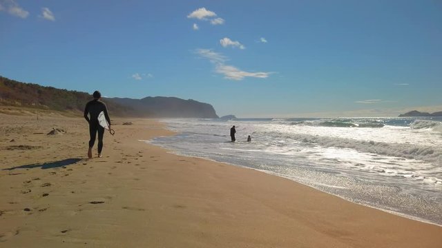 Surfer with surfboard in hand Walking On Sandy Beach, Coromandel, New Zealand