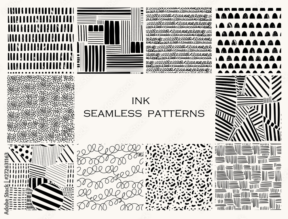 Wall mural various lines and shapes. set of ten black and white abstract seamless patterns. ink drawing style. 
