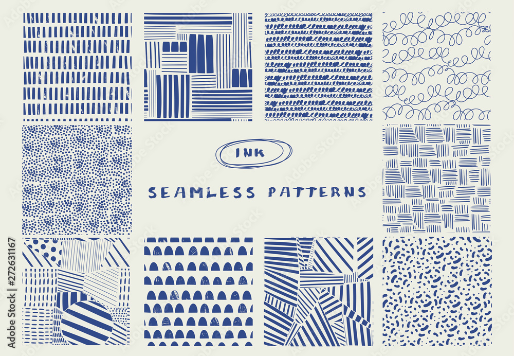 Wall mural various lines and shapes. set of ten blue abstract seamless patterns. ink drawing style. contemporar