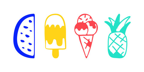 Collection of vector ice cream watermelon and pineapple illustrations drawn by hand isolated on background