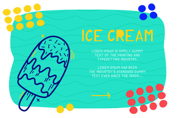 Abstract landing page pattern with different element, text block and doodle ice cream icon. Vector fun background