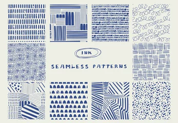 Tapeten Various lines and shapes. Set of ten blue abstract seamless patterns. Ink drawing style. Contemporary hand drawn modern trendy vector illustrations. Every pattern is isolated © Dariia