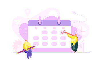 Little people characters make a ?alendar scheduling to organize daily routine. Time management chart graphic to structure deadline meetings, agenda or appointments. Flat vector illustration