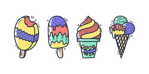Collection of vector ice cream illustrations drawn by hand isolated on background