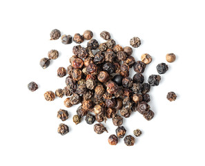 Black Peppercorns isolated on white background. ftop view
