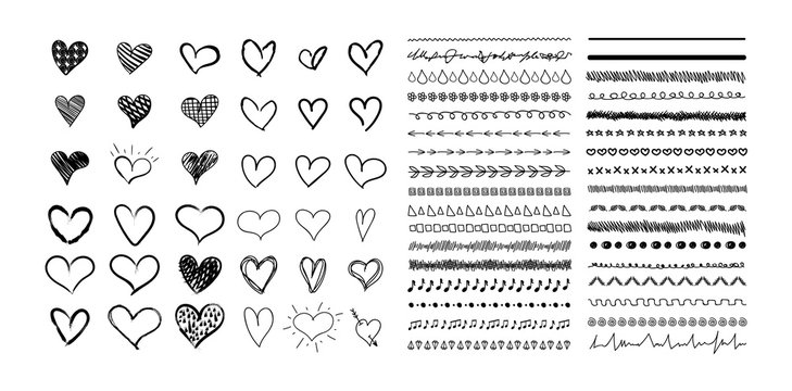 Vector Collection of Hand Drawn Hearts and Cute Divider Lines, Black Drawings Isolated on White Background.