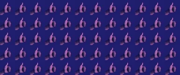 Fototapeta na wymiar Effect result concepts with hand showing thumb up presents like icons on blue background