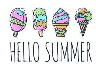 Collection of vector ice cream illustrations drawn by hand isolated on background