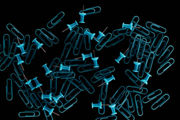 top view two kinds of scattered blue paper clips isolated on black