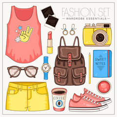 Woman fashion summer clothes, cosmetics and accessories set with t shirt, backpack, photo camera, sunglasses and shorts