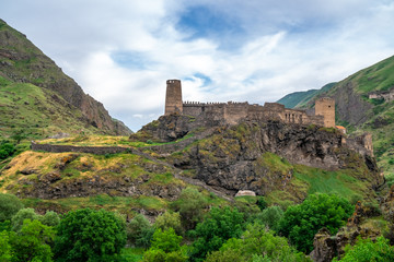 Khertvisi fortress on high rocky hill in gorge at confluence of the Kura and Paravani rivers,...