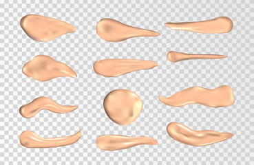 Concealer smears vector set. Foundation cream isolated on transparent background. Cosmetic cream smudge, swatch of foundation illustration