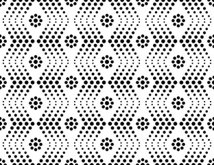 The geometric pattern with wavy lines, points. Seamless vector background. White and black texture. Simple lattice graphic design