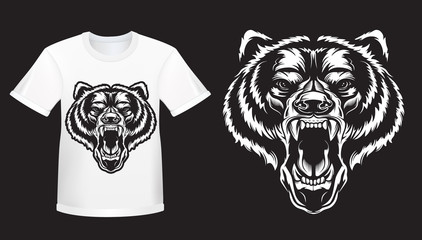 Angry bear face Shirt mockup. Furious angry face of bear with open mouth and terrible teeth as symbol of strength and aggressiveness. Grunge style  print for sport wear.