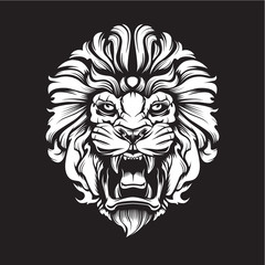 Lion angry face with teeth. Tattoo theme. Vector illustration of lion head. Safari print.