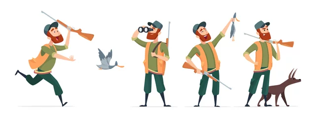 Foto op Canvas Cartoon hunters. Vector hunter with dog, guns, binoculars, duck isolated on white background. Hunter run to duck, cartoon bird and shotgun illustration © ONYXprj