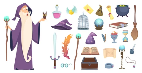 Fotobehang Magician tools. Wizard magic mystery broom potion witch hat and spell book vector cartoon pictures. Illustration of magical tools, sword and crystal © ONYXprj