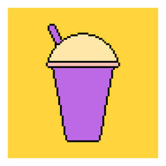Pixel plastic glass of juice to go. Cup icon. Pixelated vector illustration.
