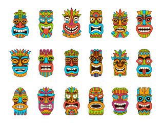 Tiki masks. Tribal hawaii totem african traditional wooden symbols vector colored mask illustrations. Tiki totem, hawaii mask exotic, african face wooden sculpture - obrazy, fototapety, plakaty