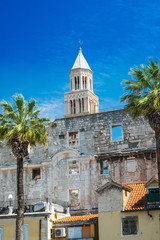 Obraz premium Split, Croatia, walls of palace of Roman emperor Diocletian from 3rd century, world heritage site, tower of cathedral in background