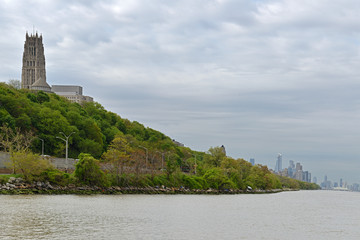 View from Hudson River to Riverside Church and Riverside park, in distance Midtown. New York City, United States