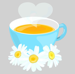 Chamomile. Chamomile tea. Blue mug of tea. Vector