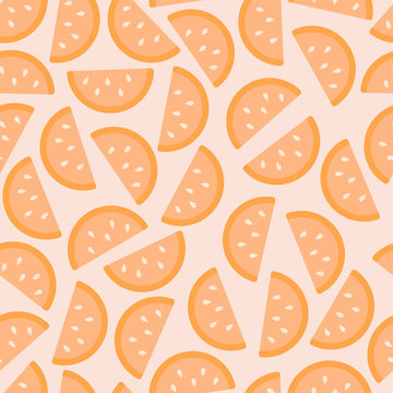 Orange Segments Simple Vector Seamless Pattern. Bright Orange Cantles With Seeds. Fruit Pattern, Food Illustration.