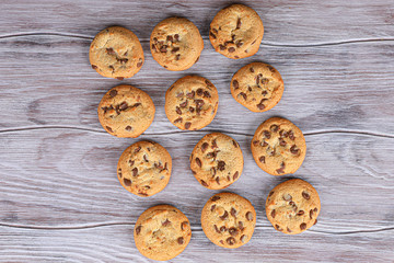 Cookies with chocolate closeup. Homemade cookies. Pile of cookies.