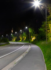 night street with modern led street lights in small city