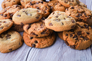 Cookies with chocolate closeup. Homemade cookies. A mountain of cookies.