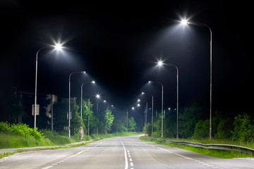 night street with modern led street lights in small city