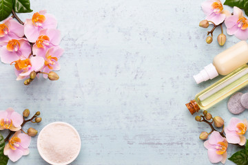 Orchid beauty flowers on vintage background. Spa background, spa therapy, beauty. Spa treatment.