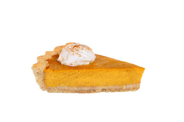 Slice of pumpkin pie isolated on white background