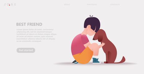 Kid hugs the dog. Hugs with animals. Cartoon vector illustration for a landing page banner