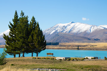 Chair with great scenery at Lake Tekapo, South Island, New Zealand
