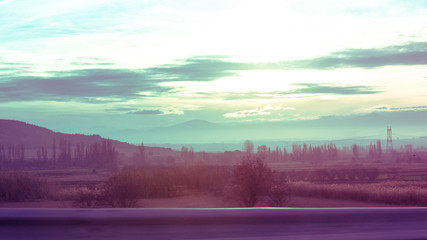 Fototapeta na wymiar Winter landscape Logrono at sunset