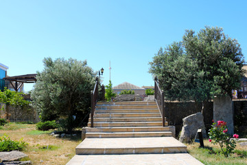 Stone staircase with iron railing