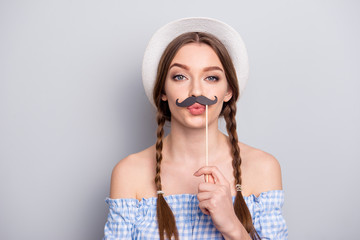 Portrait of charming cute nice pretty teen teenager hold hand lips pouted plump carefree careless she her dressed outfit isolated silver grey background off-shoulders