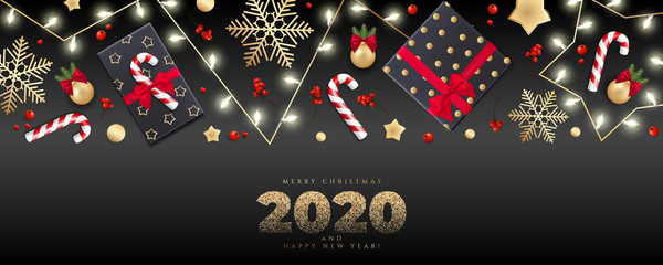 Holiday's Background for Merry Christmas and Happy New Year greeting card with Christmas lights, gold stars, snowflakes, gift box