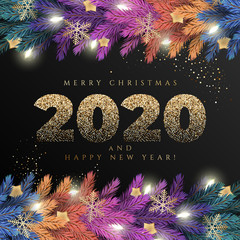 Holiday's Background for Merry Christmas greeting card with a realistic colorful garland of pine tree branches, decorated with Christmas lights, gold stars, snowflakes